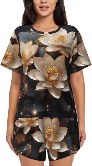 3X-Large Women's Short-Sleeved Pajama Set - Skin-Friendly Bohemian Golden Lotus Print Sleepwear for Comfortable Nights and Loungewear