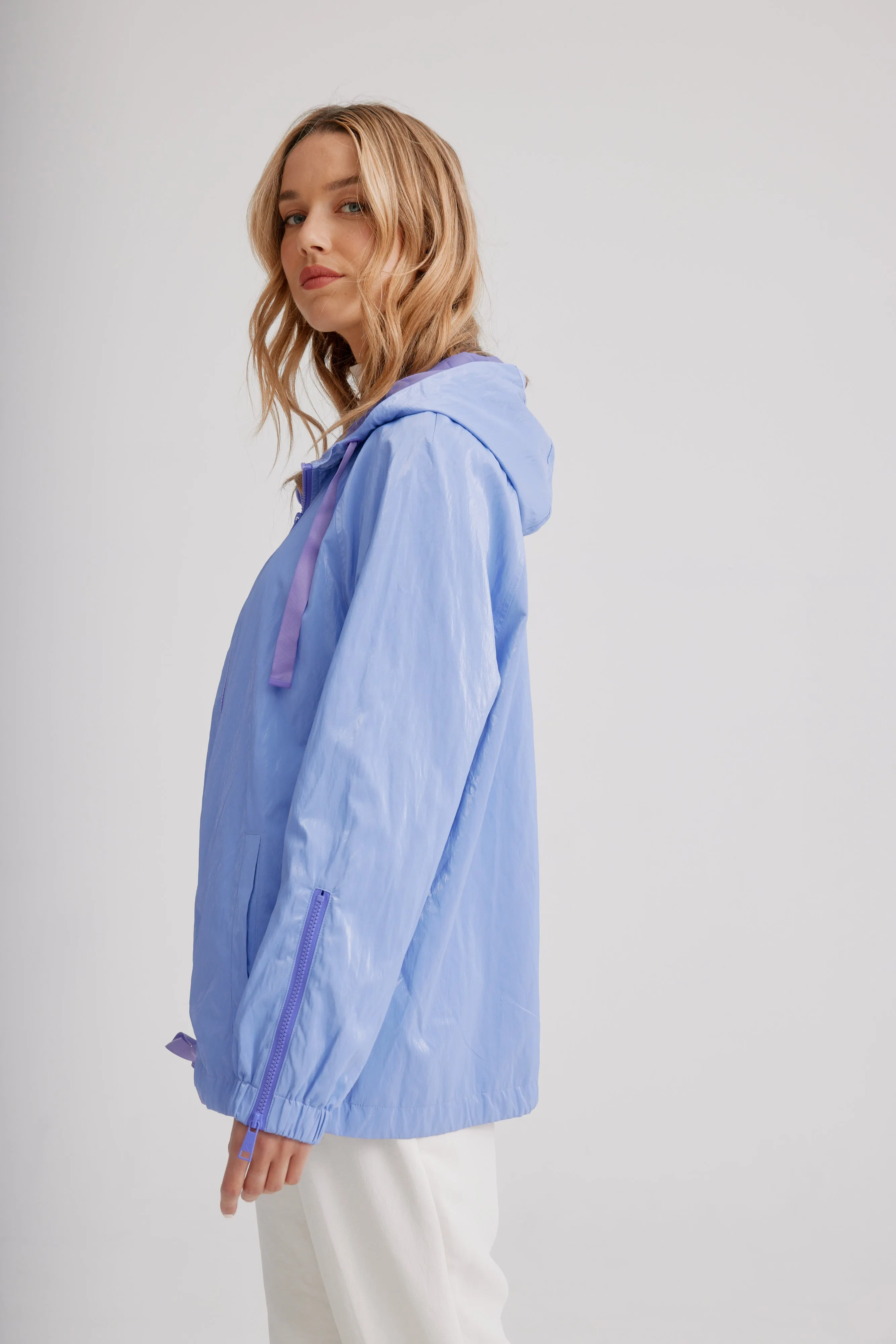 Adjustable Hooded Blouson In Soft Luster Sheen W/ Contrast Trims & Zipper Detail On Sleeves