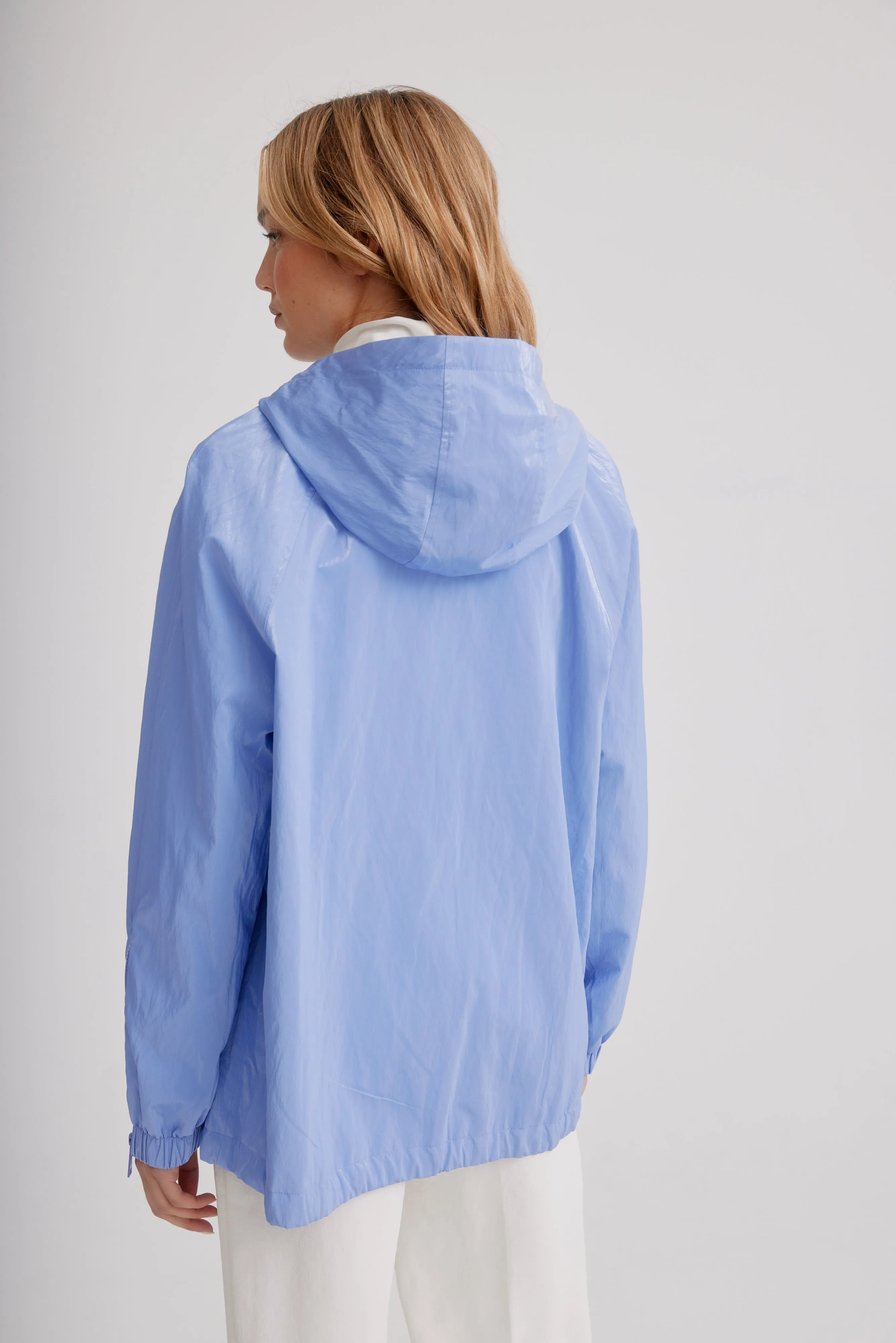 Adjustable Hooded Blouson In Soft Luster Sheen W/ Contrast Trims & Zipper Detail On Sleeves