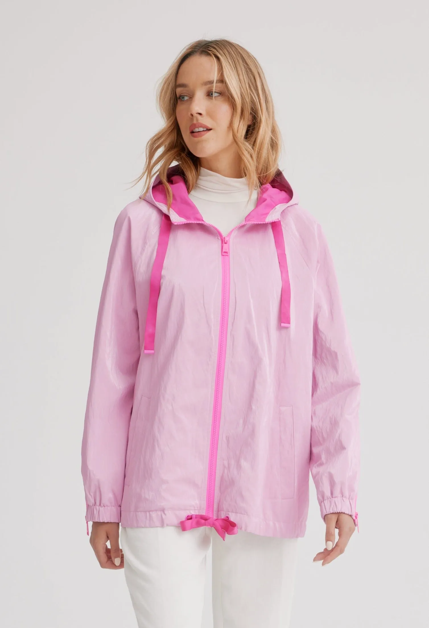 Adjustable Hooded Blouson In Soft Luster Sheen W/ Contrast Trims & Zipper Detail On Sleeves