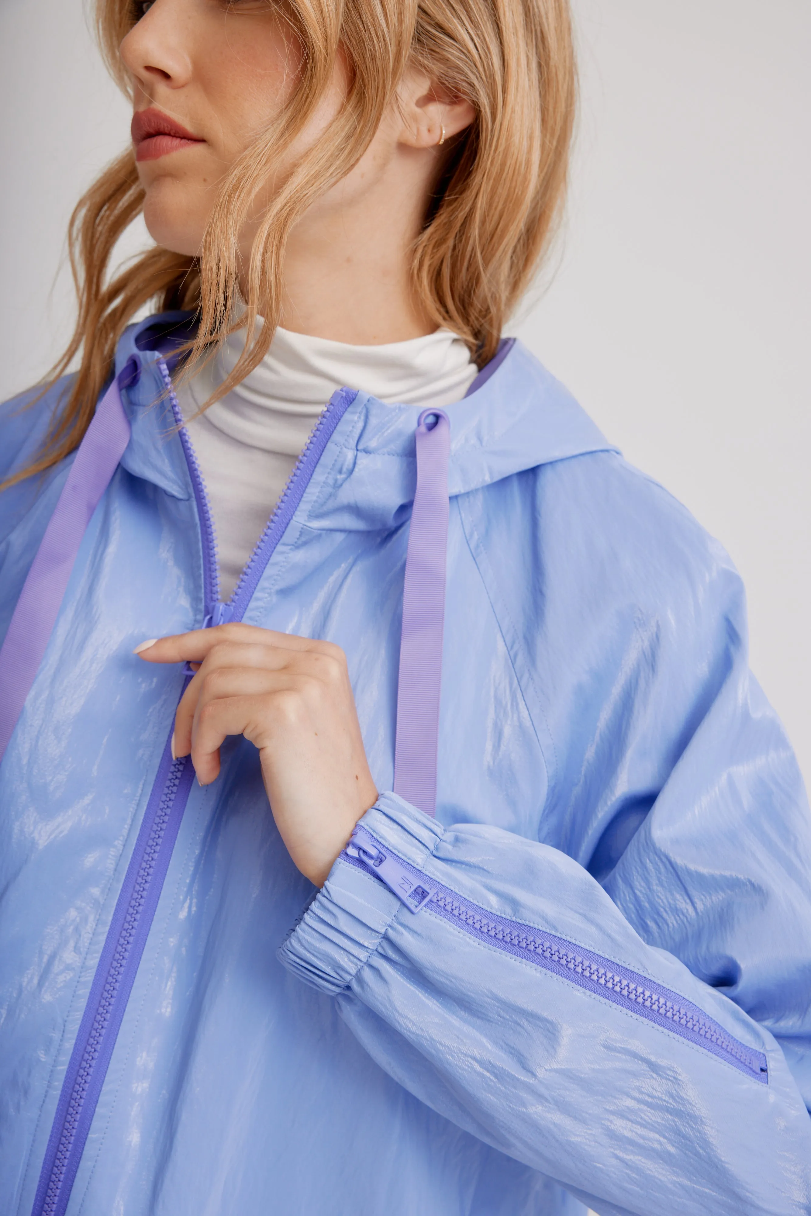Adjustable Hooded Blouson In Soft Luster Sheen W/ Contrast Trims & Zipper Detail On Sleeves