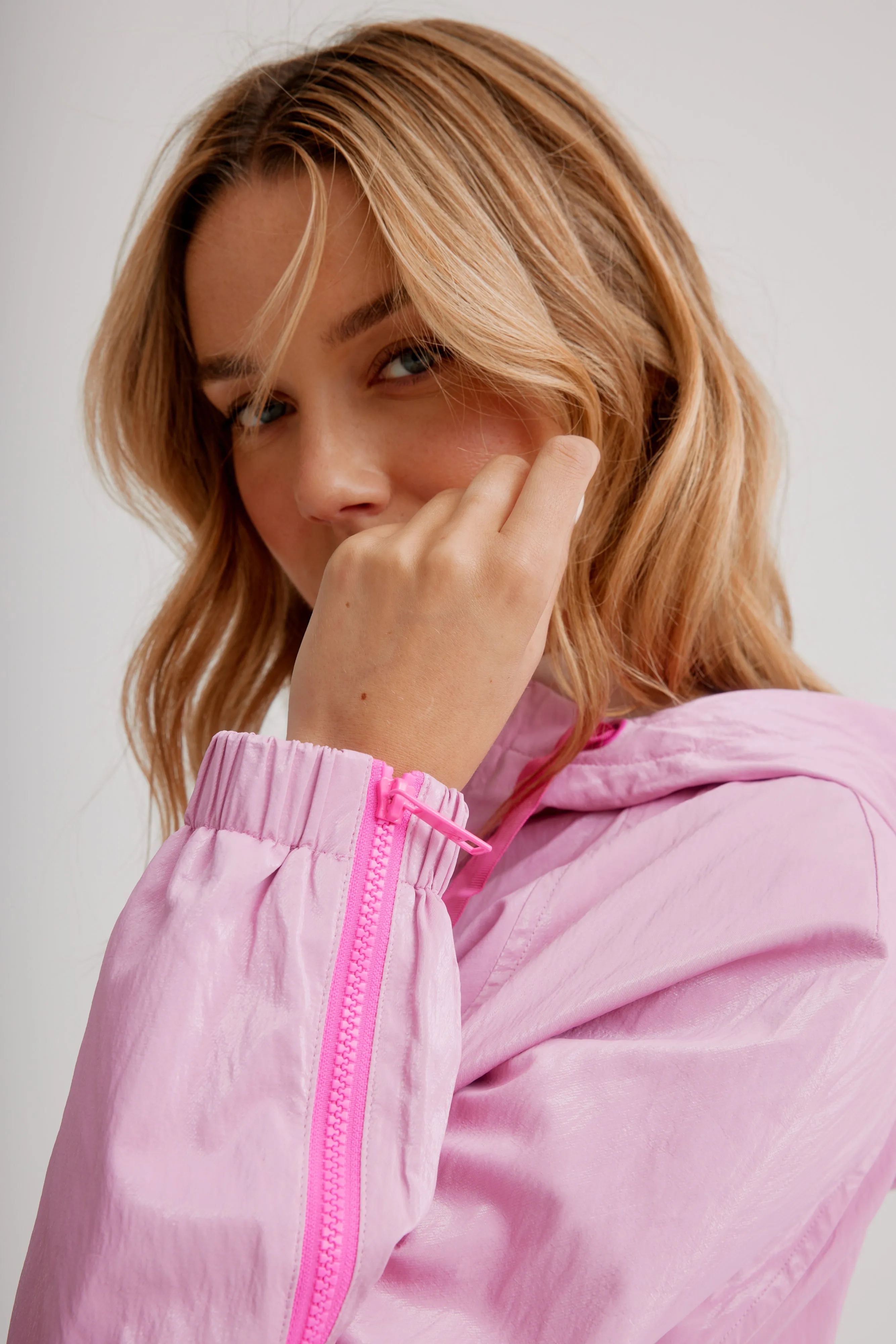 Adjustable Hooded Blouson In Soft Luster Sheen W/ Contrast Trims & Zipper Detail On Sleeves