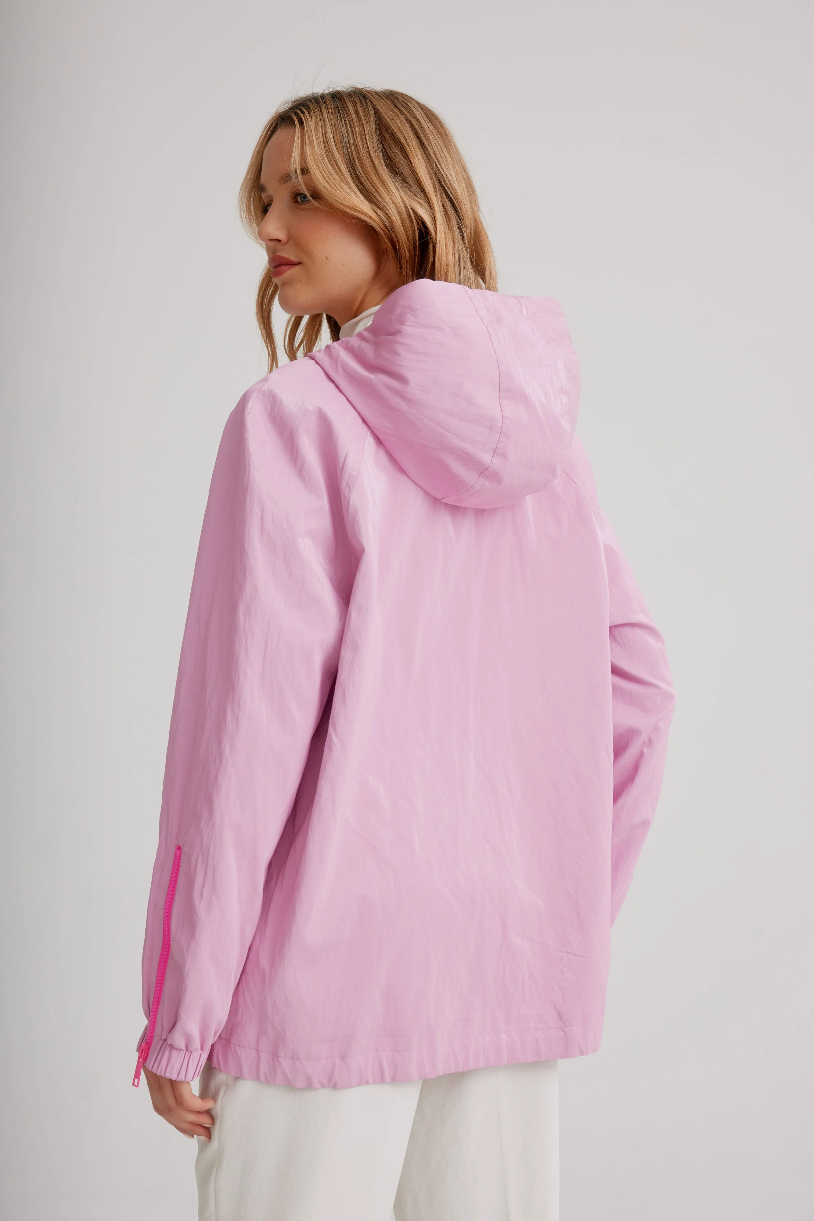 Adjustable Hooded Blouson In Soft Luster Sheen W/ Contrast Trims & Zipper Detail On Sleeves