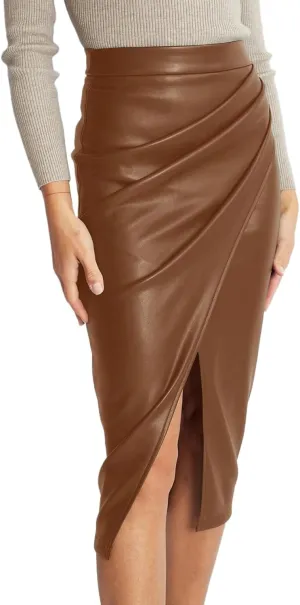 ALCEA ROSEA Women's Faux Leather Skirt High Waist Front Slit Zip Back Ruched Bodycon Pencil Midi Skirt 7832
