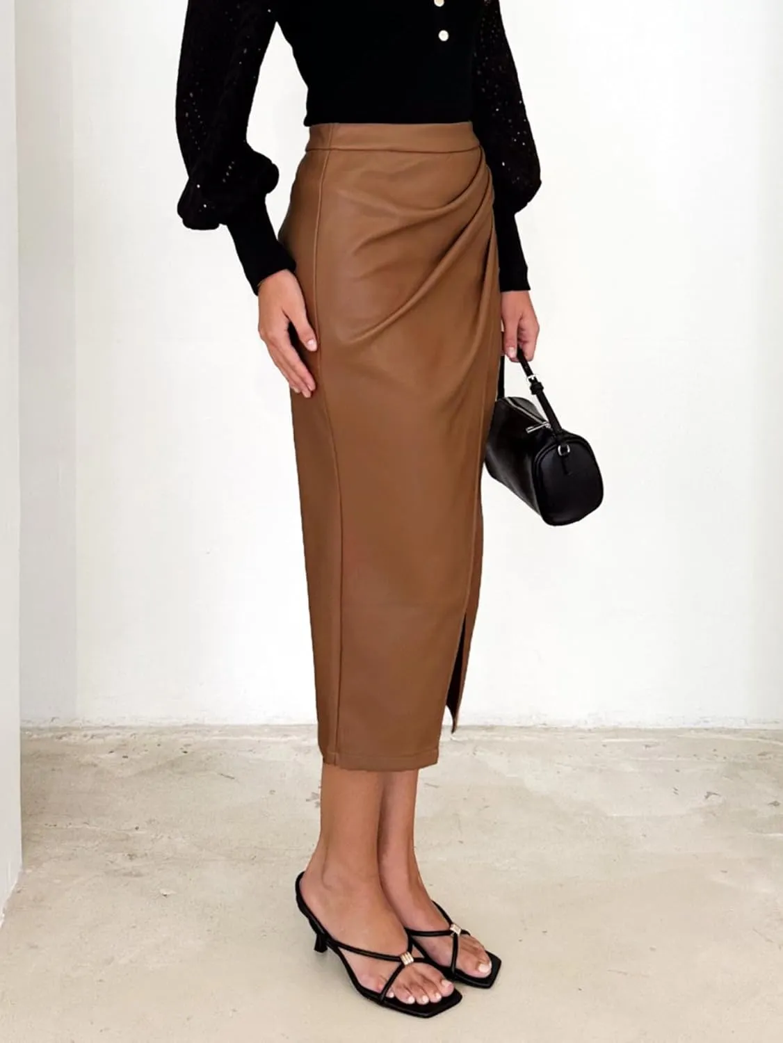 ALCEA ROSEA Women's Faux Leather Skirt High Waist Front Slit Zip Back Ruched Bodycon Pencil Midi Skirt 7832