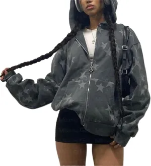 Aopwsrlyi Women's Zip Up Hoodie Y2k Vintage Graphic Oversized Hooded Sweatshirt Punk Jackets Goth Harajuku Streetwear