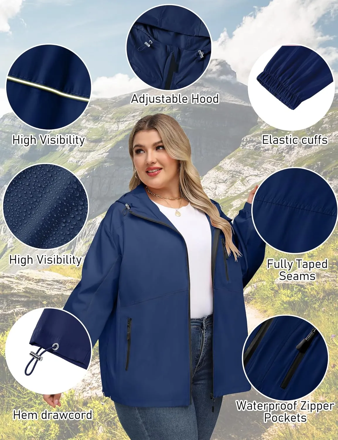 Avoogue Plus Size Womens Rain Jacket with Hood Waterproof Raincoats Lightweight Packable Outdoor Trench Coat XL-5XL