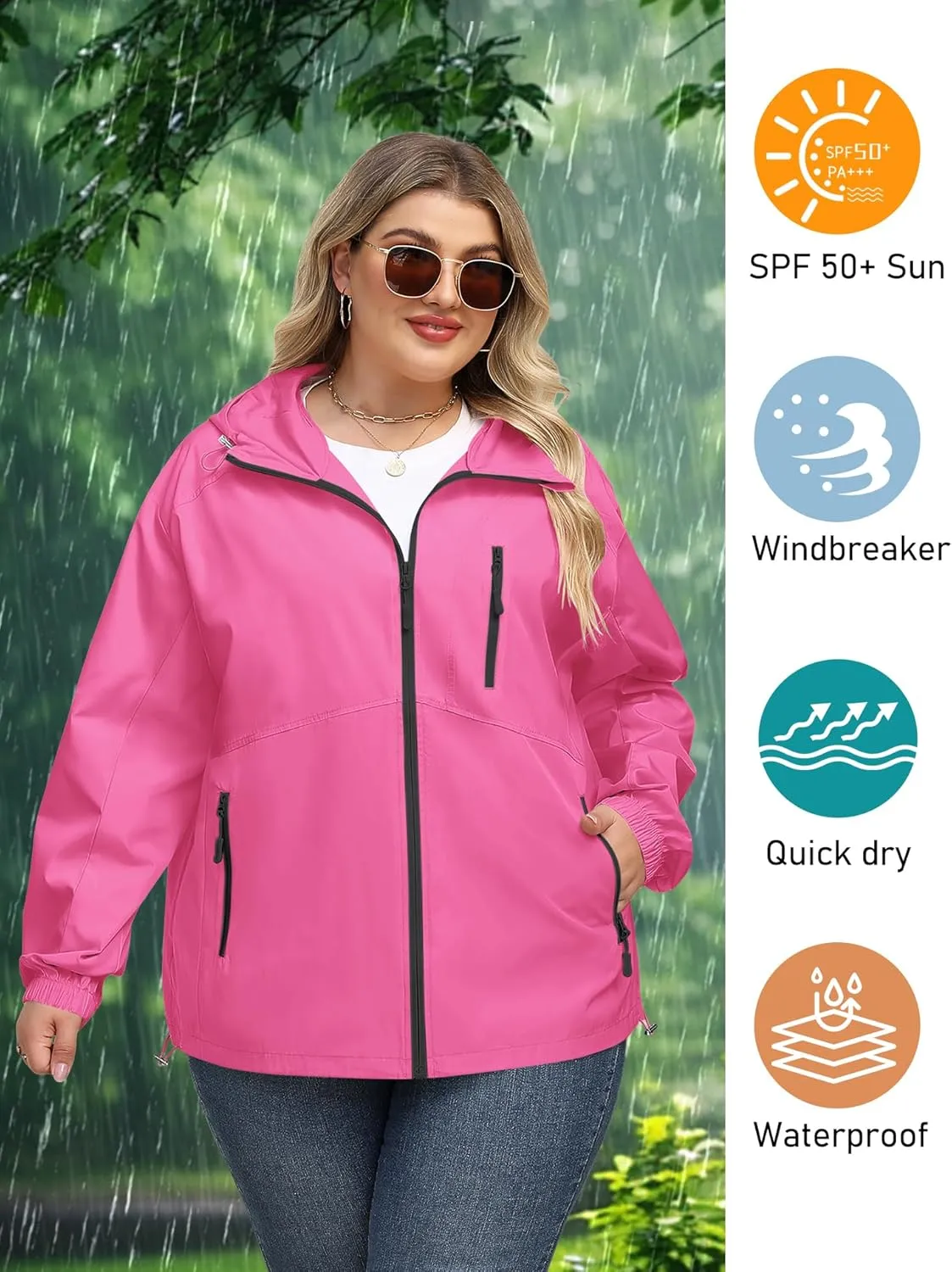 Avoogue Plus Size Womens Rain Jacket with Hood Waterproof Raincoats Lightweight Packable Outdoor Trench Coat XL-5XL