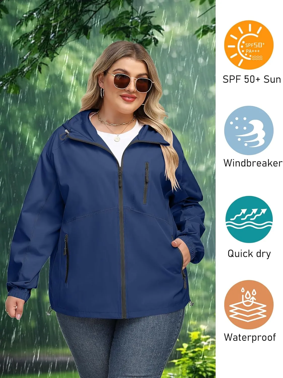 Avoogue Plus Size Womens Rain Jacket with Hood Waterproof Raincoats Lightweight Packable Outdoor Trench Coat XL-5XL