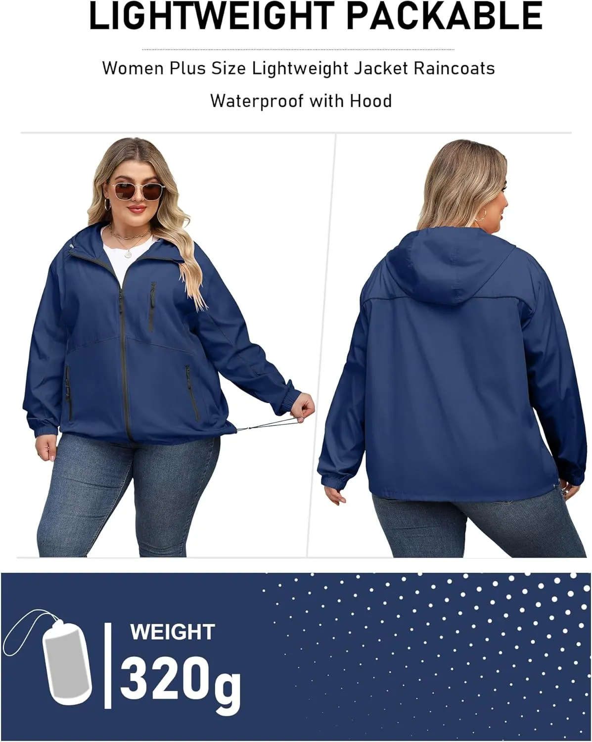 Avoogue Plus Size Womens Rain Jacket with Hood Waterproof Raincoats Lightweight Packable Outdoor Trench Coat XL-5XL