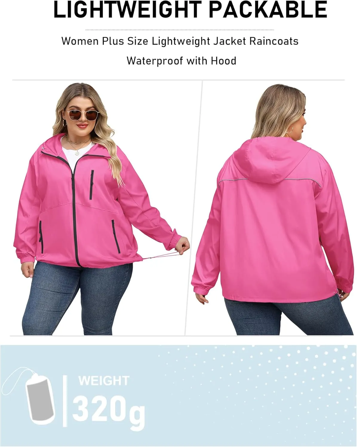 Avoogue Plus Size Womens Rain Jacket with Hood Waterproof Raincoats Lightweight Packable Outdoor Trench Coat XL-5XL