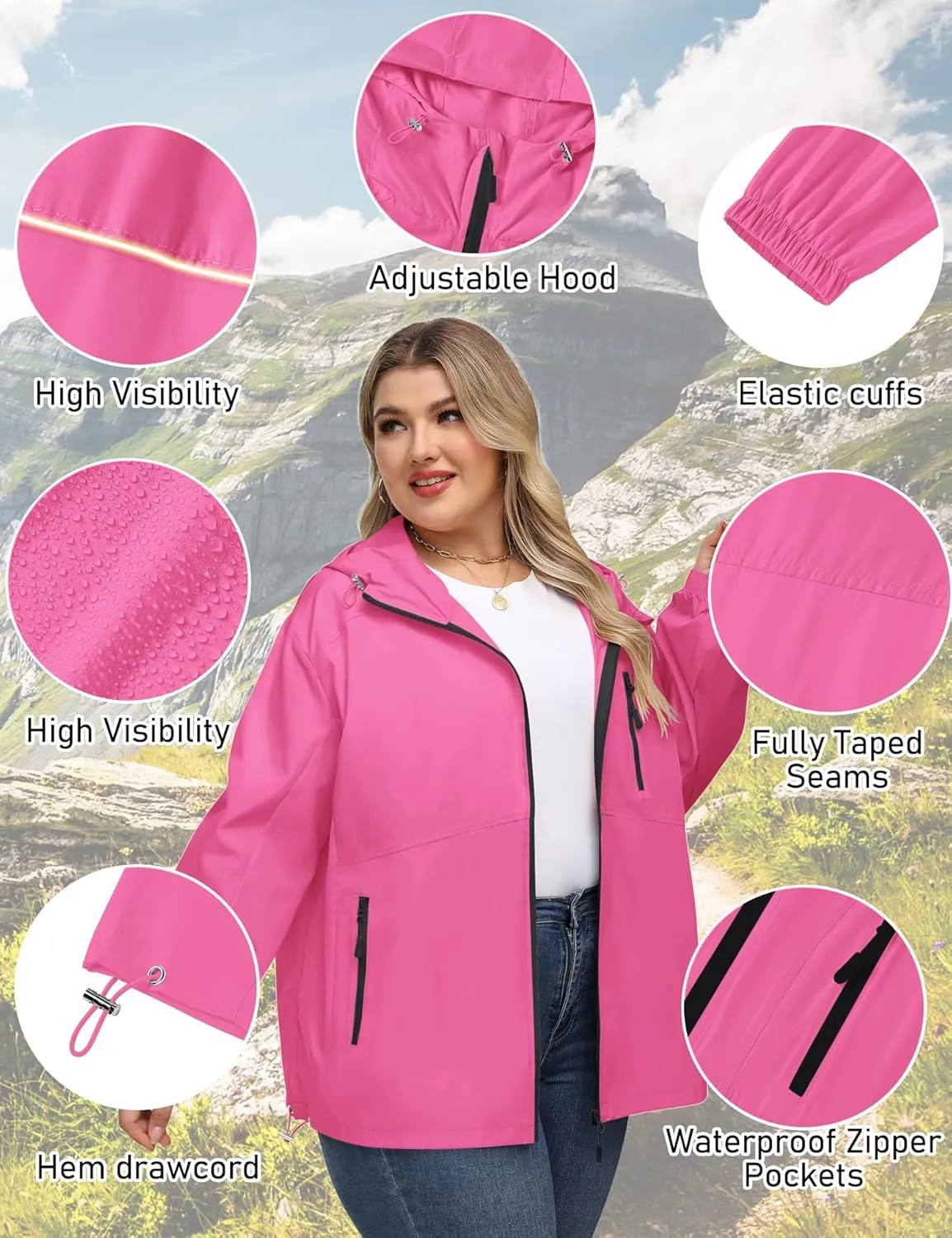Avoogue Plus Size Womens Rain Jacket with Hood Waterproof Raincoats Lightweight Packable Outdoor Trench Coat XL-5XL