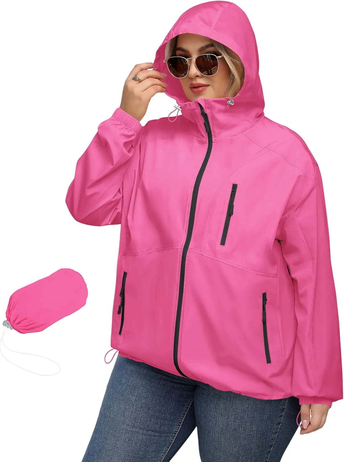 Avoogue Plus Size Womens Rain Jacket with Hood Waterproof Raincoats Lightweight Packable Outdoor Trench Coat XL-5XL