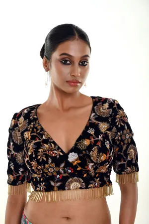 Black Velvet Embroidery Blouse With Tassel Detailing and Curved V Neckline