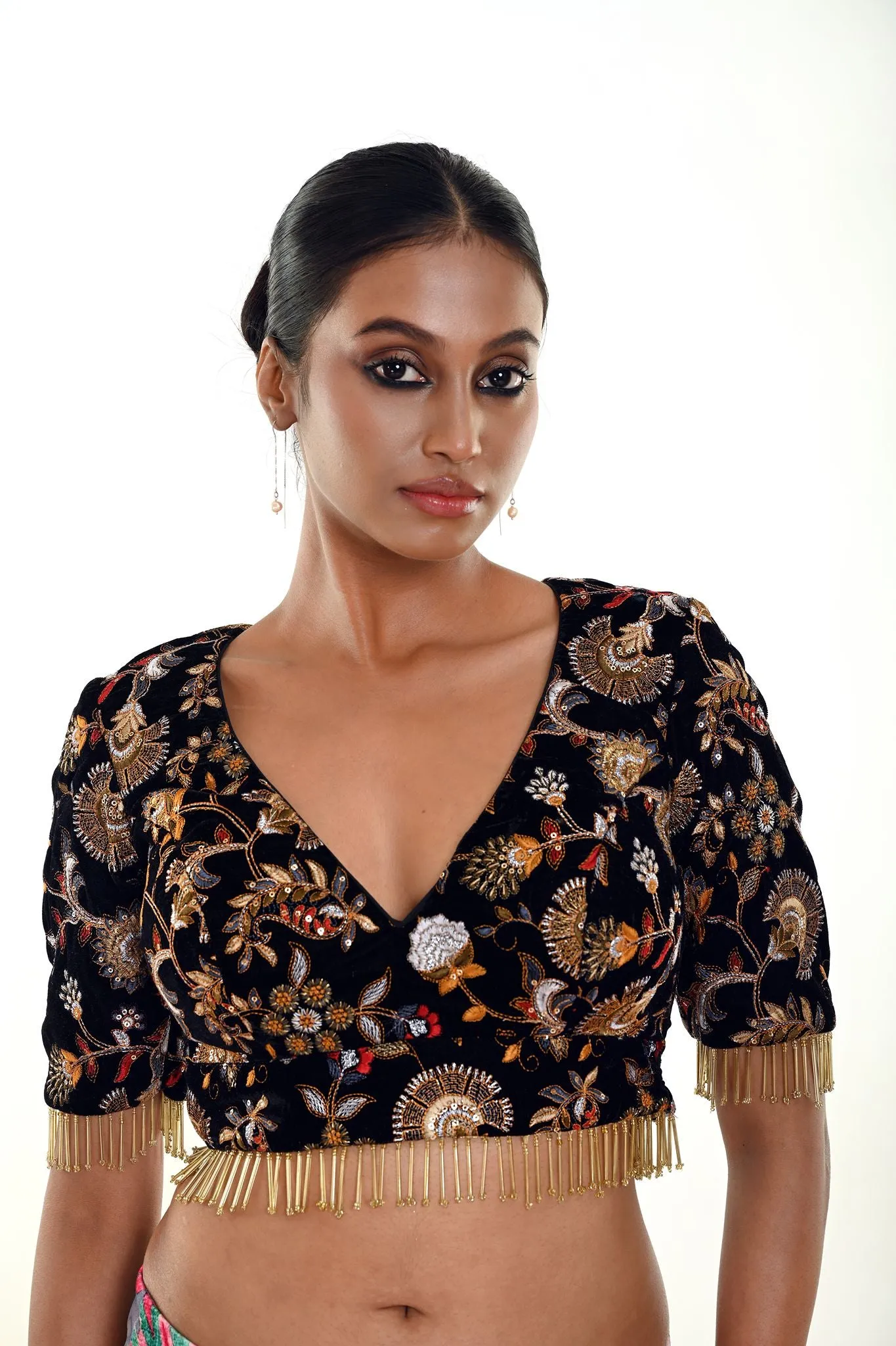 Black Velvet Embroidery Blouse With Tassel Detailing and Curved V Neckline