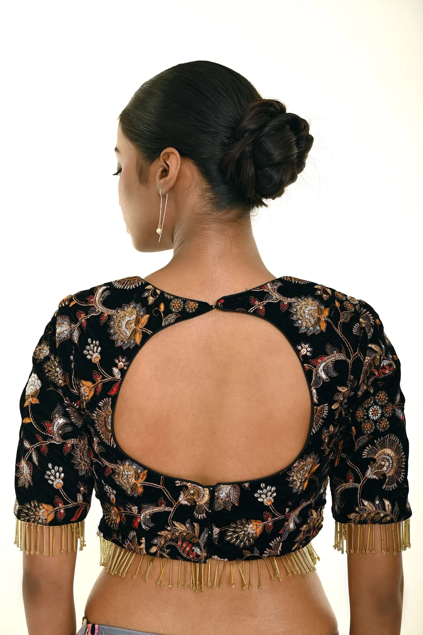 Black Velvet Embroidery Blouse With Tassel Detailing and Curved V Neckline
