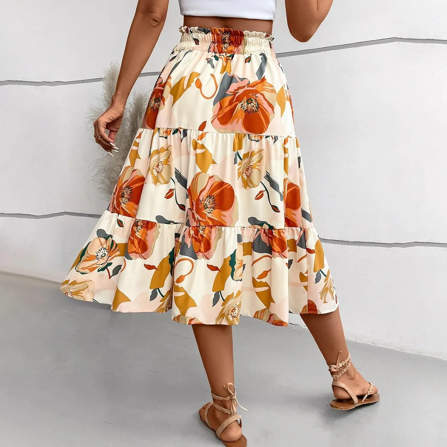 Boho Skirts for Women Trendy Beach Elastic Waist Travel Swing Peasant Pleated Country Flowy Business Smocked Skirts