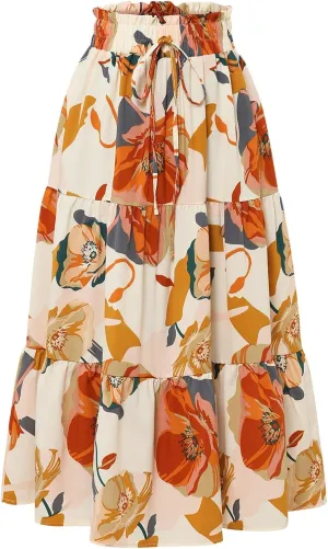 Boho Skirts for Women Trendy Beach Elastic Waist Travel Swing Peasant Pleated Country Flowy Business Smocked Skirts