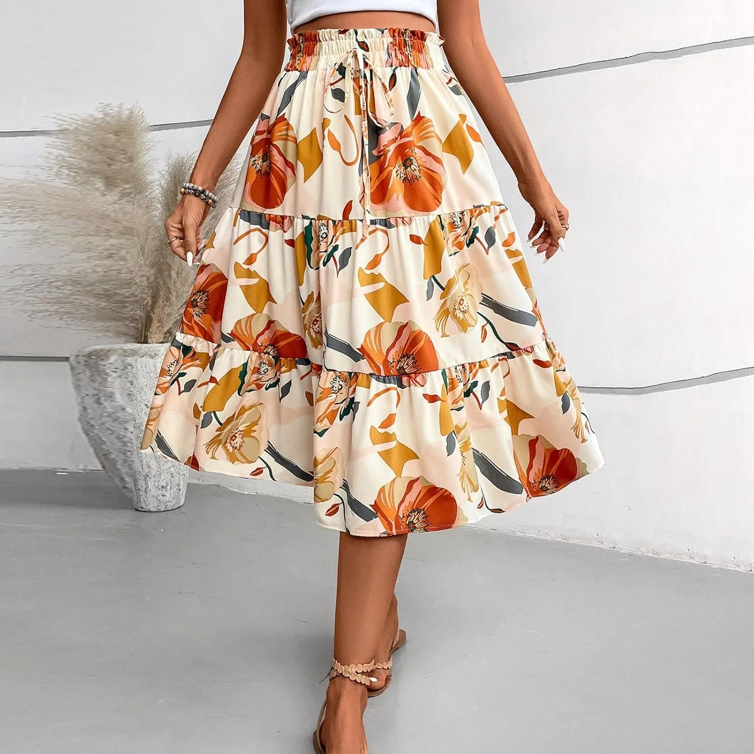 Boho Skirts for Women Trendy Beach Elastic Waist Travel Swing Peasant Pleated Country Flowy Business Smocked Skirts