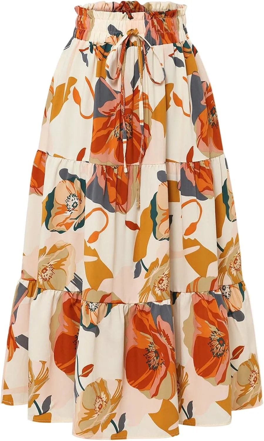 Boho Skirts for Women Trendy Beach Elastic Waist Travel Swing Peasant Pleated Country Flowy Business Smocked Skirts