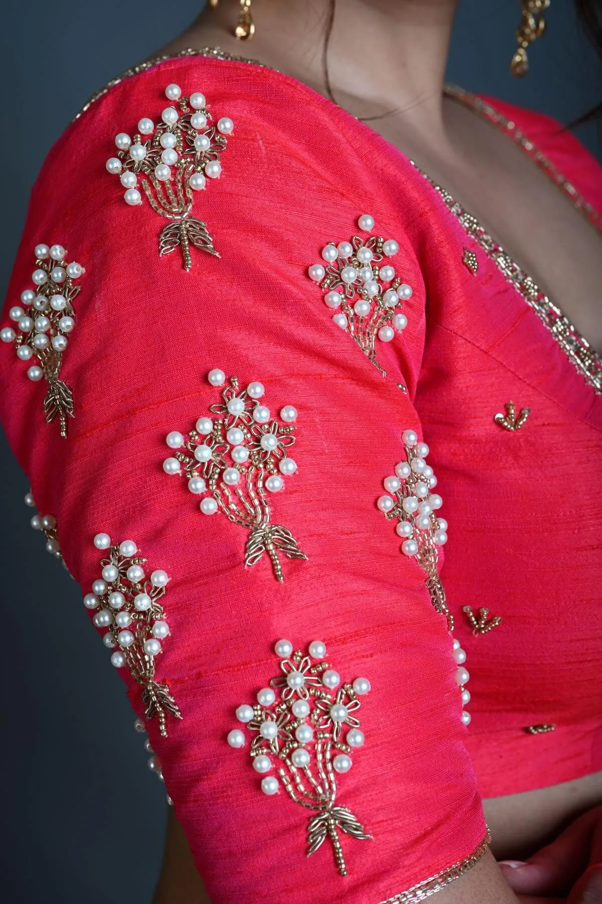 Bridal Pink Hand Embroidered Blouse in Raw Silk with Square Neckline