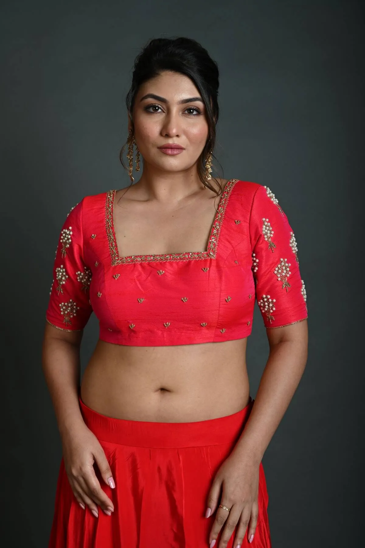 Bridal Pink Hand Embroidered Blouse in Raw Silk with Square Neckline
