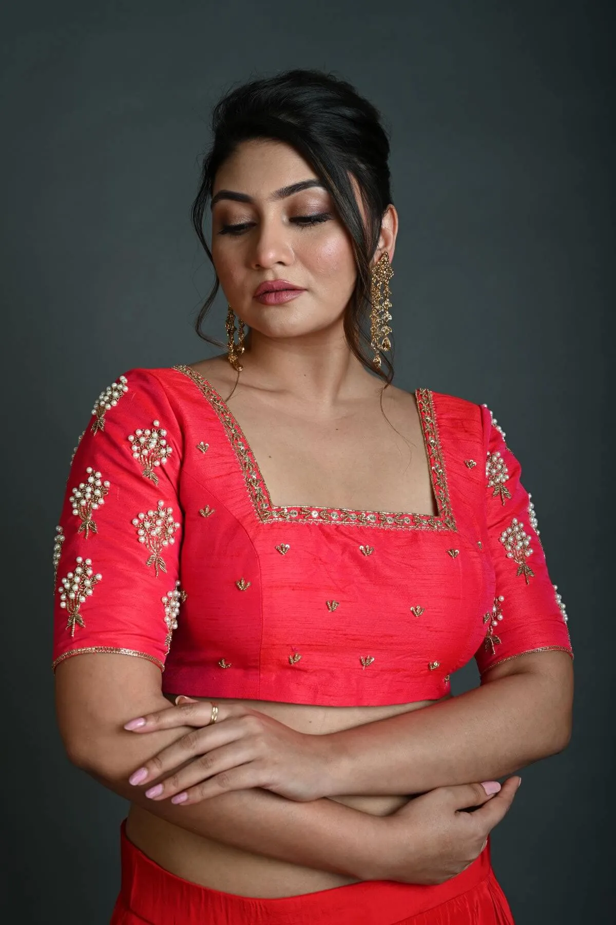 Bridal Pink Hand Embroidered Blouse in Raw Silk with Square Neckline