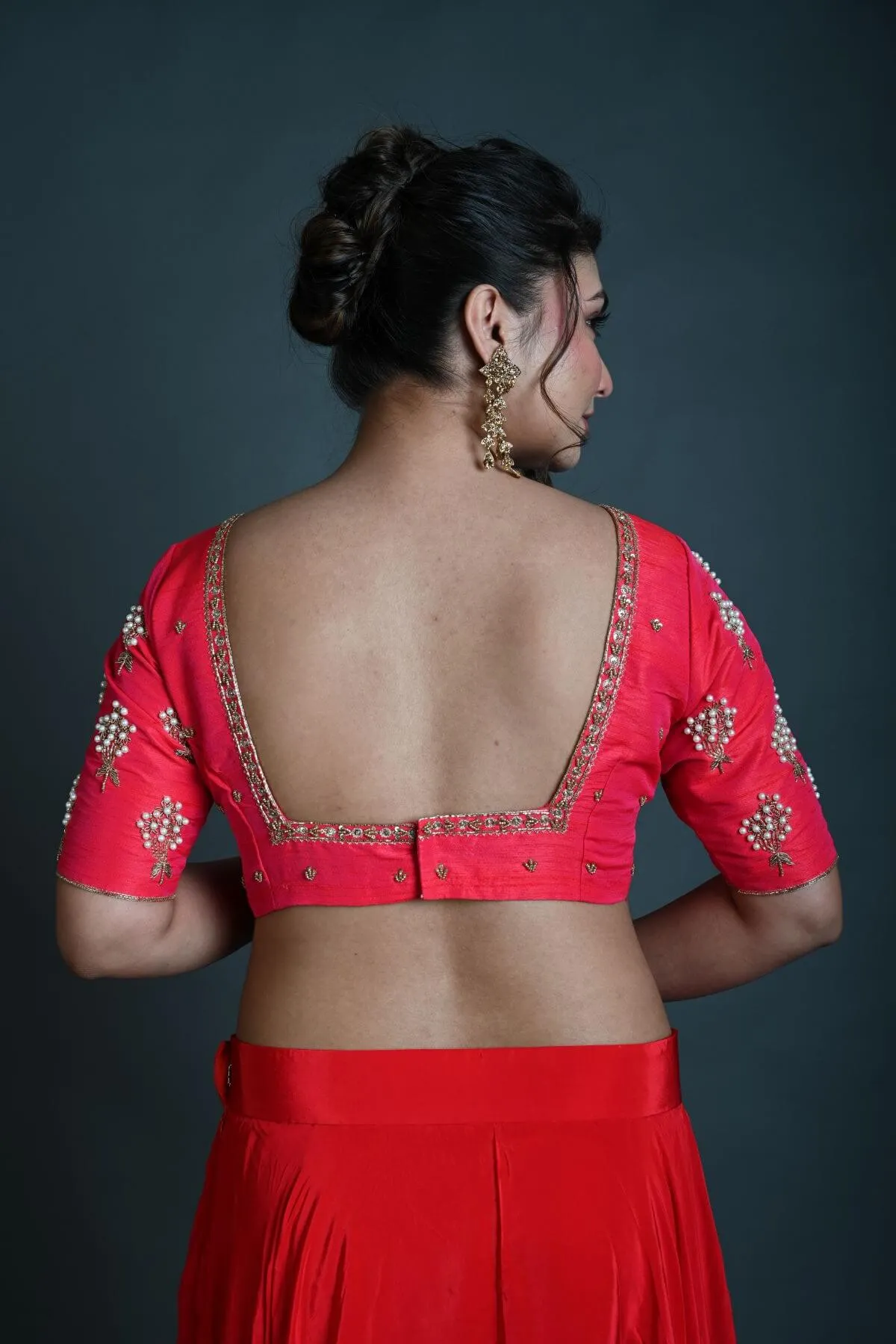 Bridal Pink Hand Embroidered Blouse in Raw Silk with Square Neckline