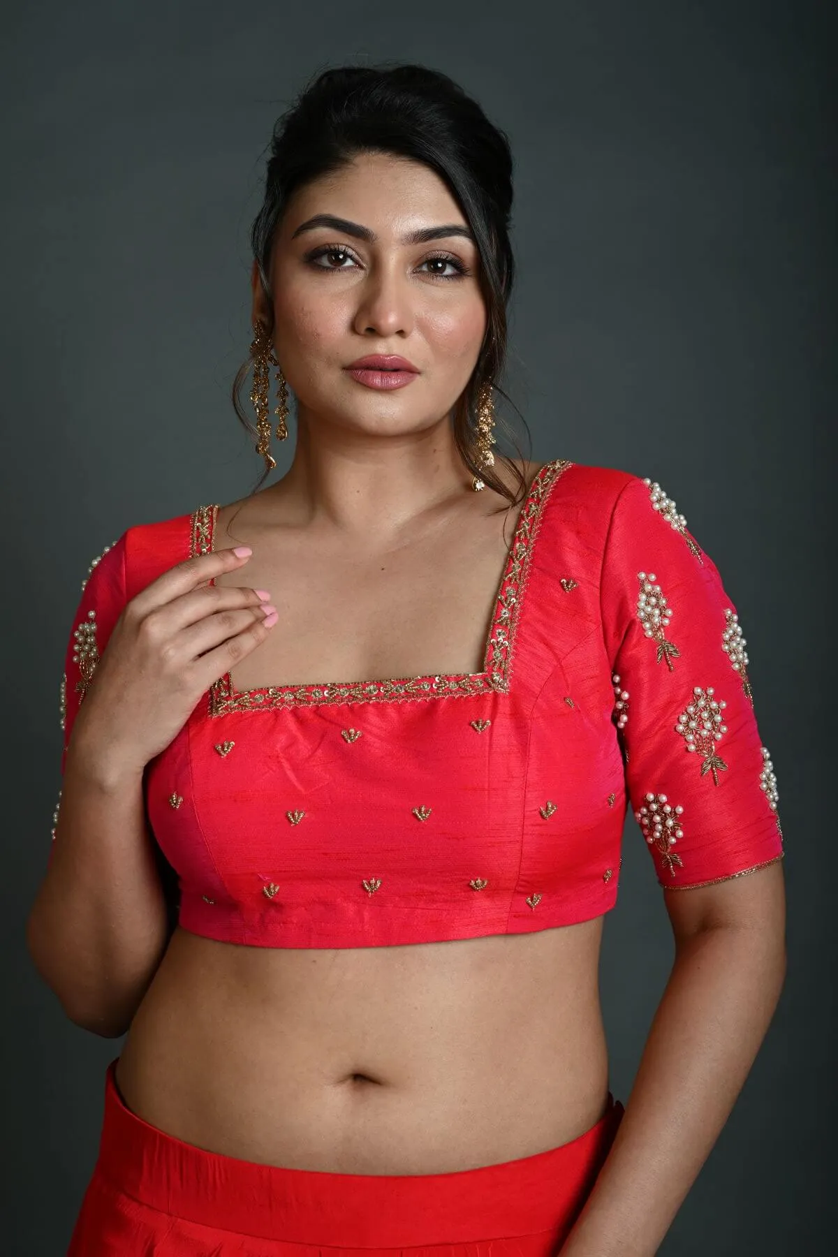 Bridal Pink Hand Embroidered Blouse in Raw Silk with Square Neckline