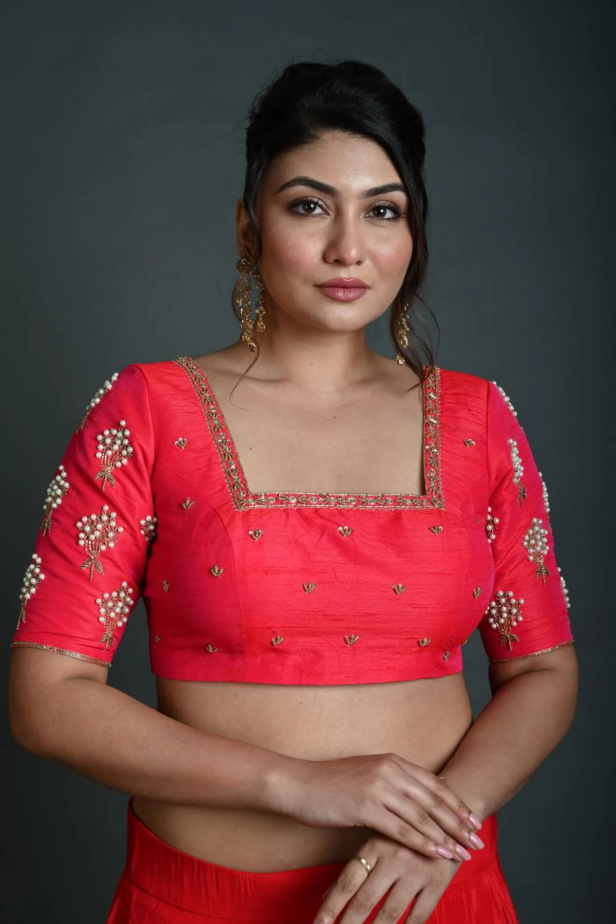 Bridal Pink Hand Embroidered Blouse in Raw Silk with Square Neckline