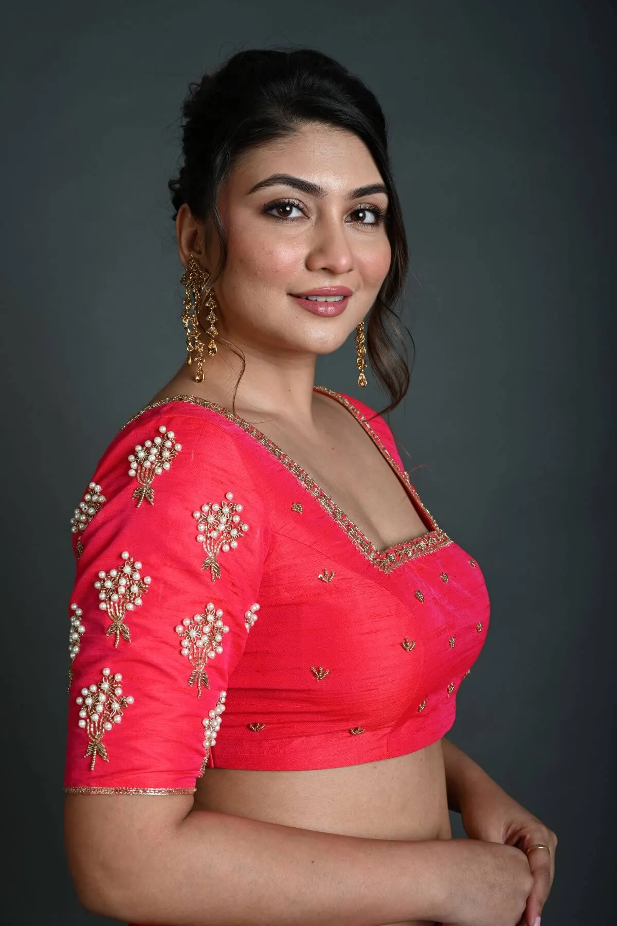 Bridal Pink Hand Embroidered Blouse in Raw Silk with Square Neckline