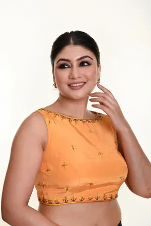 Butter Yellow Sleeveless Blouse in Crepe Silk with Hand Embroidery work