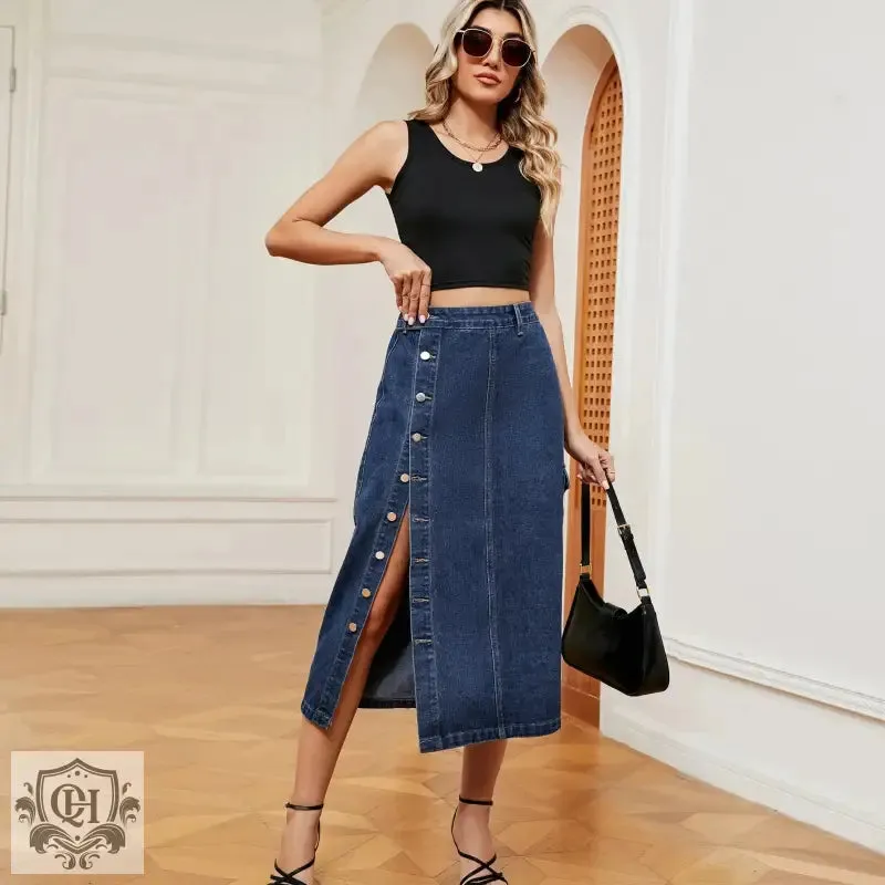 Buttoned Denim Midi Skirt