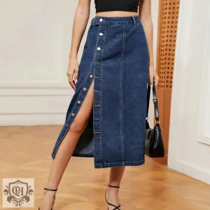 Buttoned Denim Midi Skirt