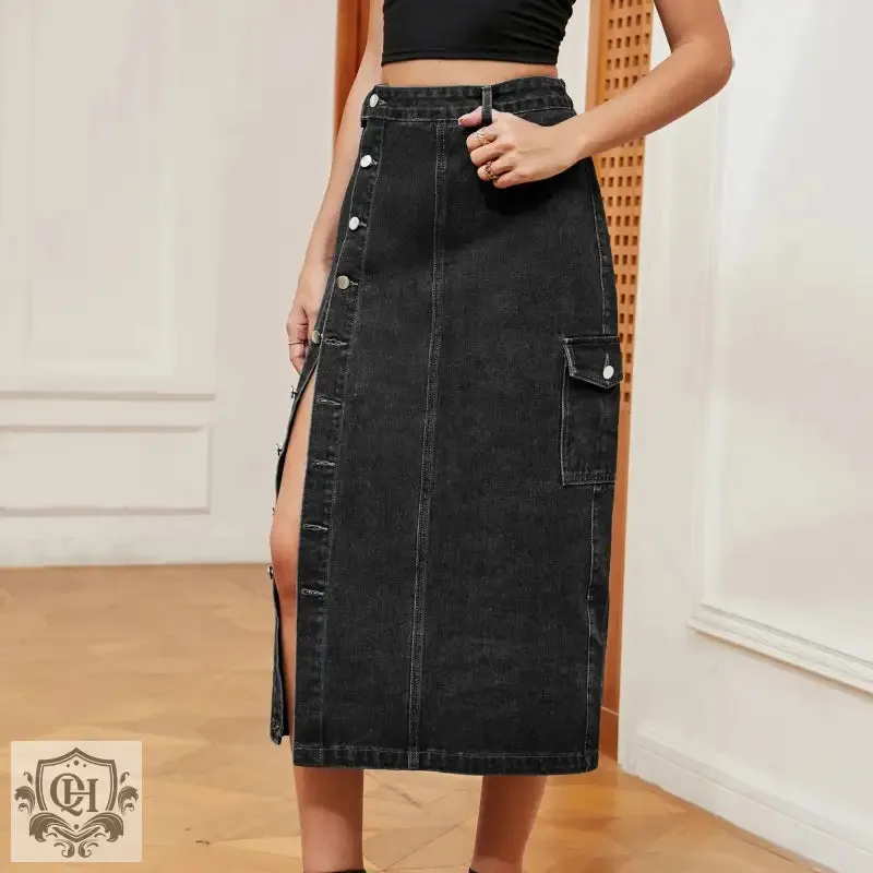 Buttoned Denim Midi Skirt
