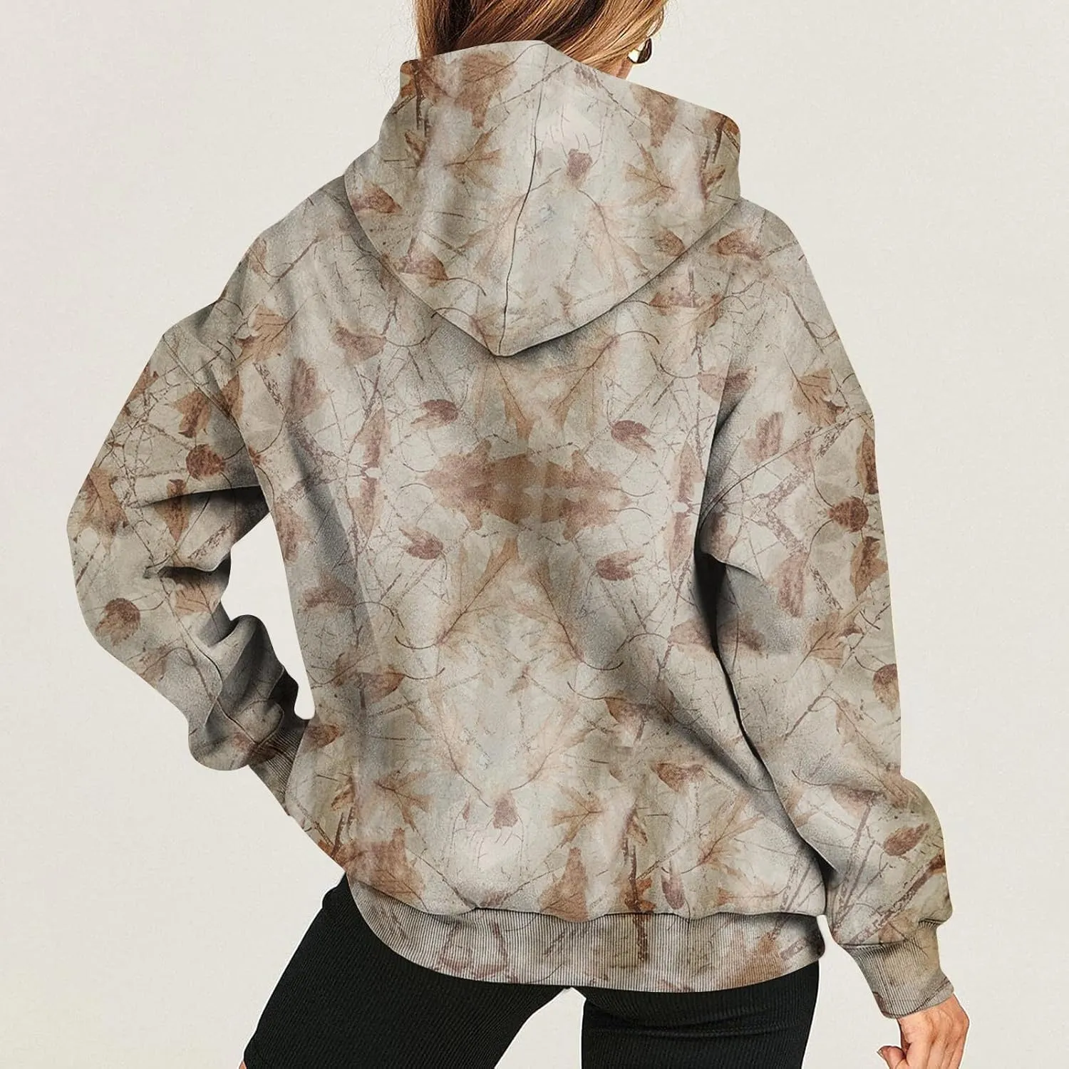 Camo Hoodie Women Casual Loose Fit Sweatshirts Maple Leaf Print Oversized Pullover with Pocket Fall Clothes