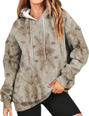 Camo Hoodie Women Casual Loose Fit Sweatshirts Maple Leaf Print Oversized Pullover with Pocket Fall Clothes