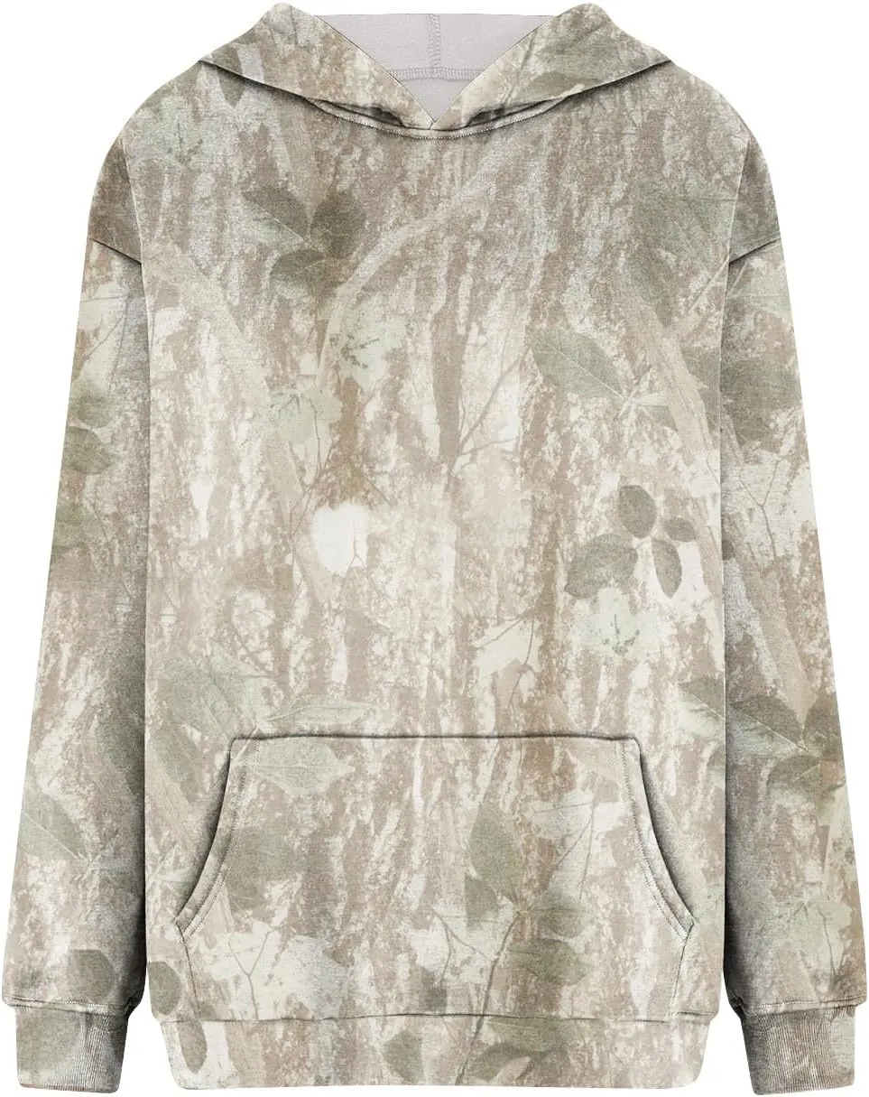 Camo Hoodie Women Casual Loose Fit Sweatshirts Maple Leaf Print Oversized Pullover with Pocket Fall Clothes