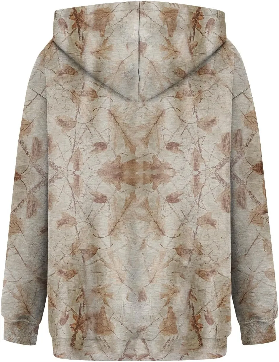 Camo Hoodie Women Casual Loose Fit Sweatshirts Maple Leaf Print Oversized Pullover with Pocket Fall Clothes