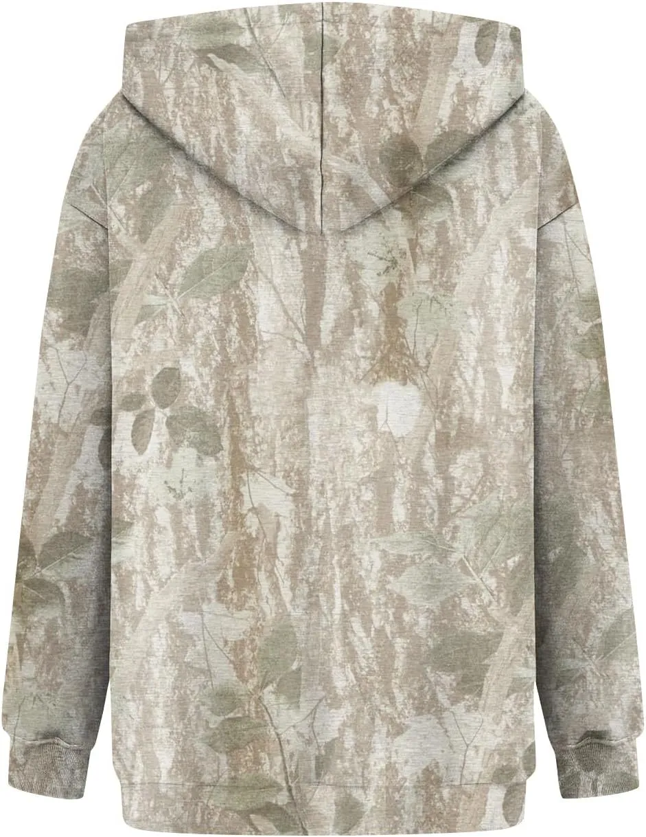 Camo Hoodie Women Casual Loose Fit Sweatshirts Maple Leaf Print Oversized Pullover with Pocket Fall Clothes