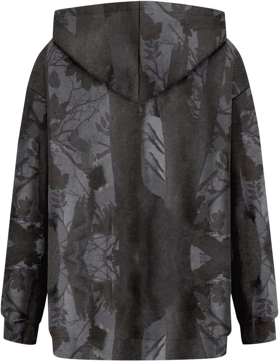 Camo Hoodie Women Casual Loose Fit Sweatshirts Maple Leaf Print Oversized Pullover with Pocket Fall Clothes