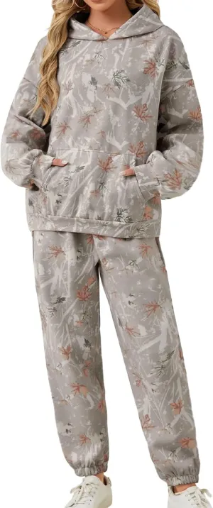 Camo Sweatsuits for Women Maple Leaf Print Oversized Hoodies Sweatpants Fall Fashion Lounge Sets Comfy Outfits 2024