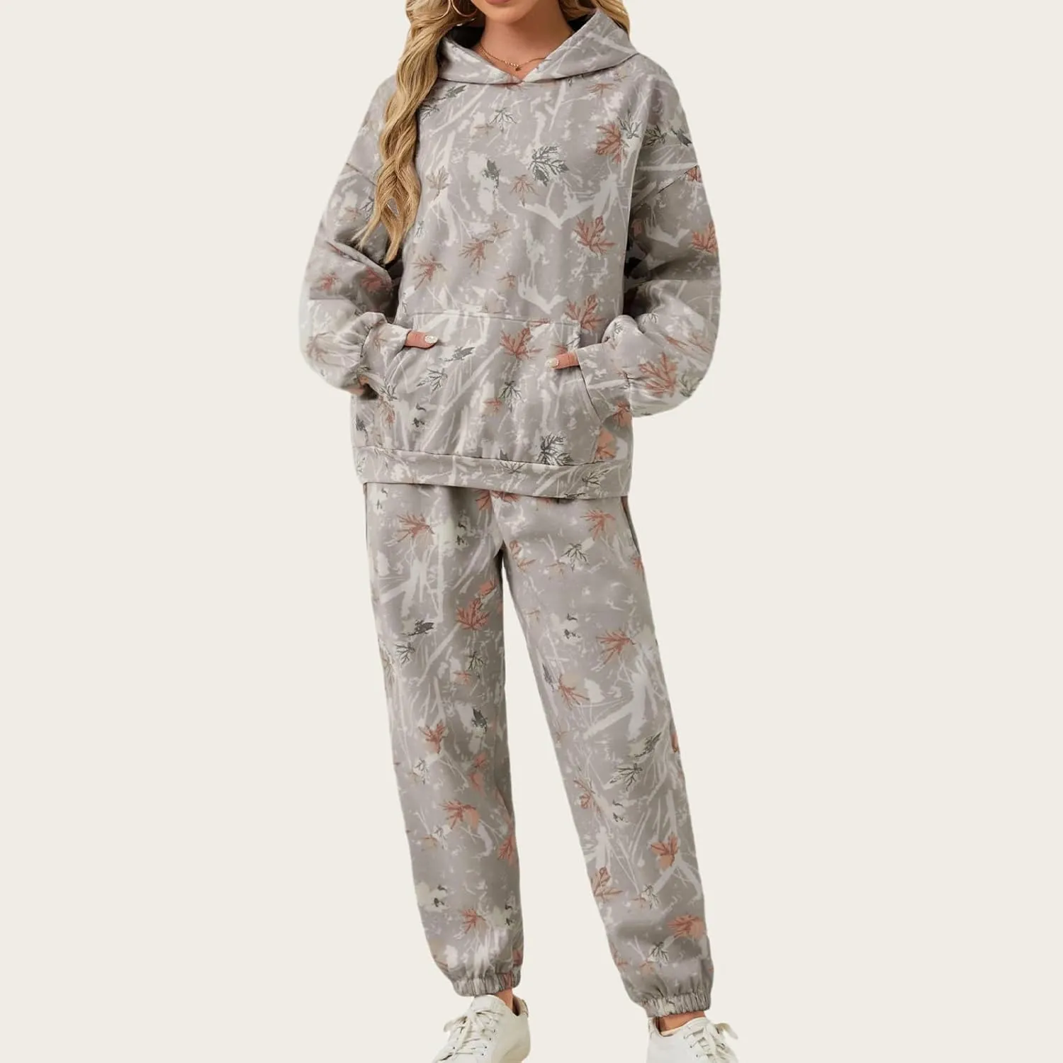 Camo Sweatsuits for Women Maple Leaf Print Oversized Hoodies Sweatpants Fall Fashion Lounge Sets Comfy Outfits 2024