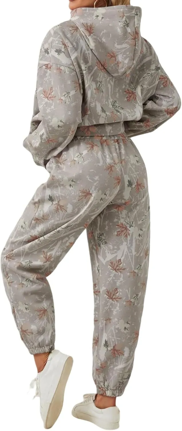 Camo Sweatsuits for Women Maple Leaf Print Oversized Hoodies Sweatpants Fall Fashion Lounge Sets Comfy Outfits 2024