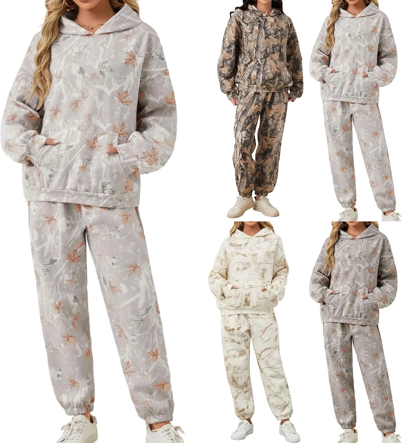 Camo Sweatsuits for Women Maple Leaf Print Oversized Hoodies Sweatpants Fall Fashion Lounge Sets Comfy Outfits 2024