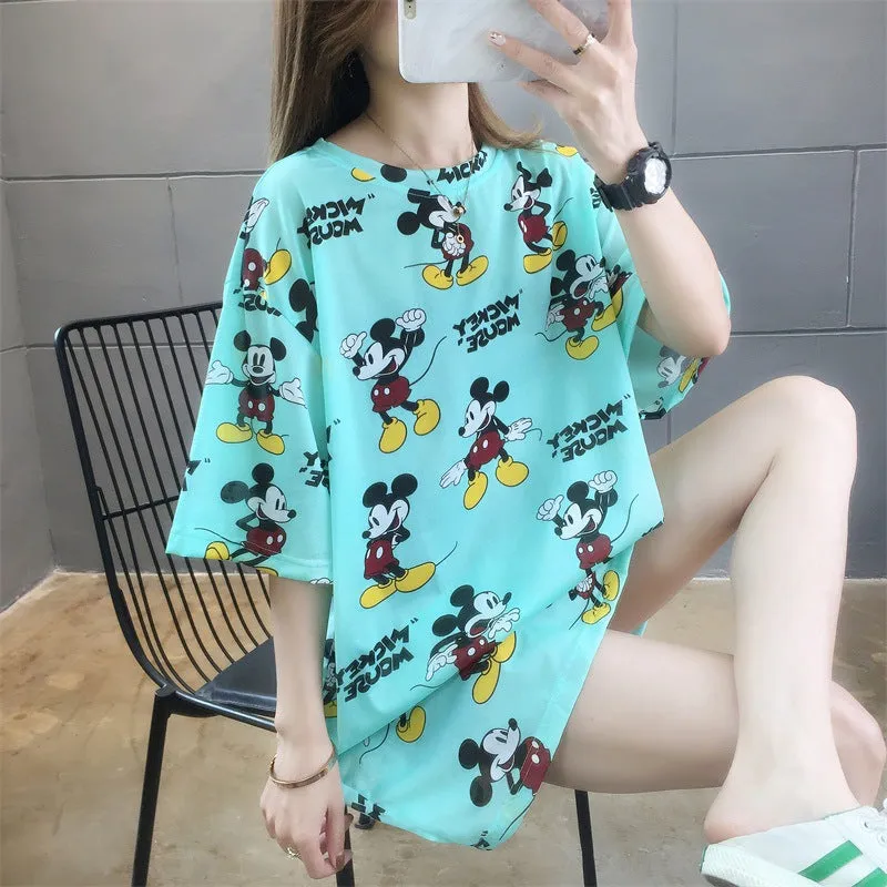 Cartoon Bear Loose Mid-Length Short Sleeve T-Shirt Women INS Trendy Summer aTops T-Shirt