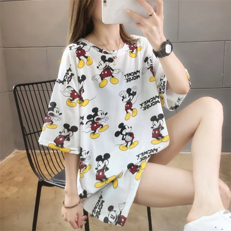 Cartoon Bear Loose Mid-Length Short Sleeve T-Shirt Women INS Trendy Summer aTops T-Shirt