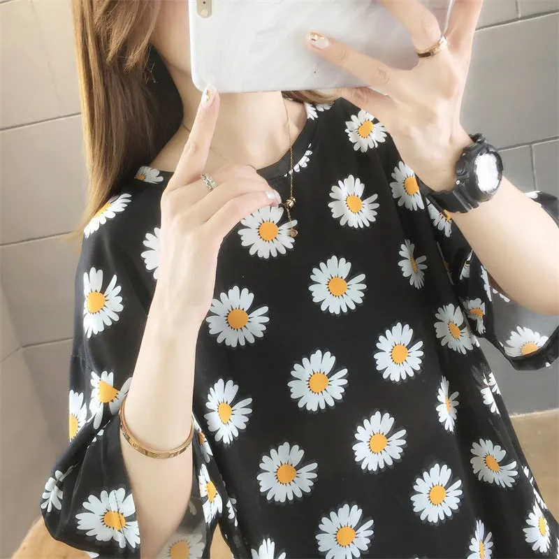 Cartoon Bear Loose Mid-Length Short Sleeve T-Shirt Women INS Trendy Summer aTops T-Shirt