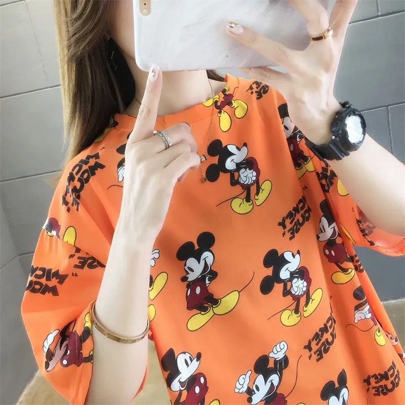 Cartoon Bear Loose Mid-Length Short Sleeve T-Shirt Women INS Trendy Summer aTops T-Shirt
