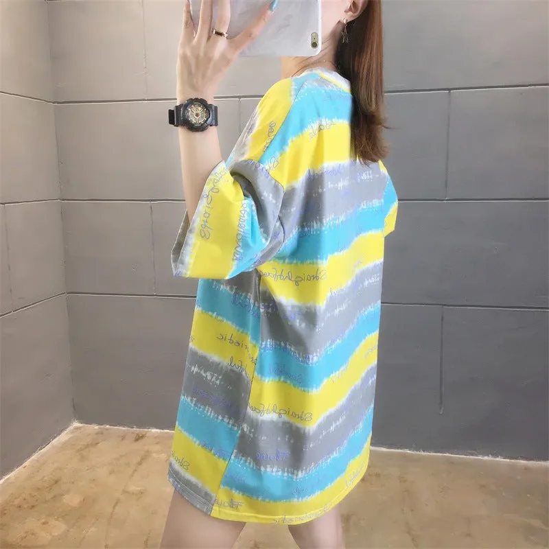 Cartoon Bear Loose Mid-Length Short Sleeve T-Shirt Women INS Trendy Summer aTops T-Shirt